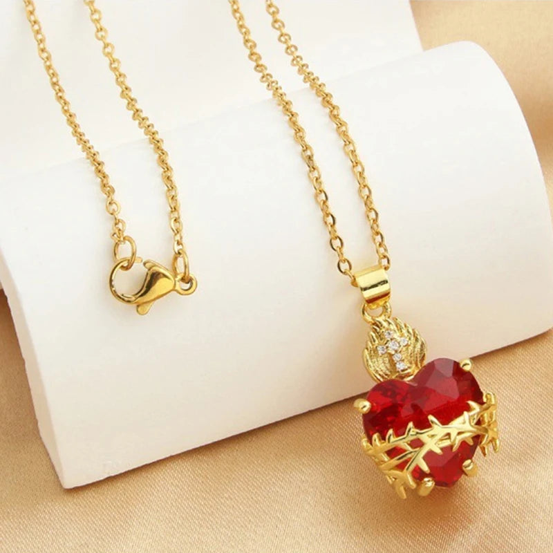 Jesus Cross Choker Necklace – Red Zircon Heart Pendant Women Pendant Necklace Axl