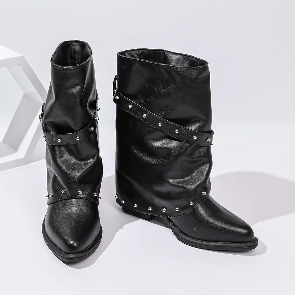 Women's Rivet Buckle Western Cowboy Booties | Slip-On Block Heel Women's Western Boots Axl