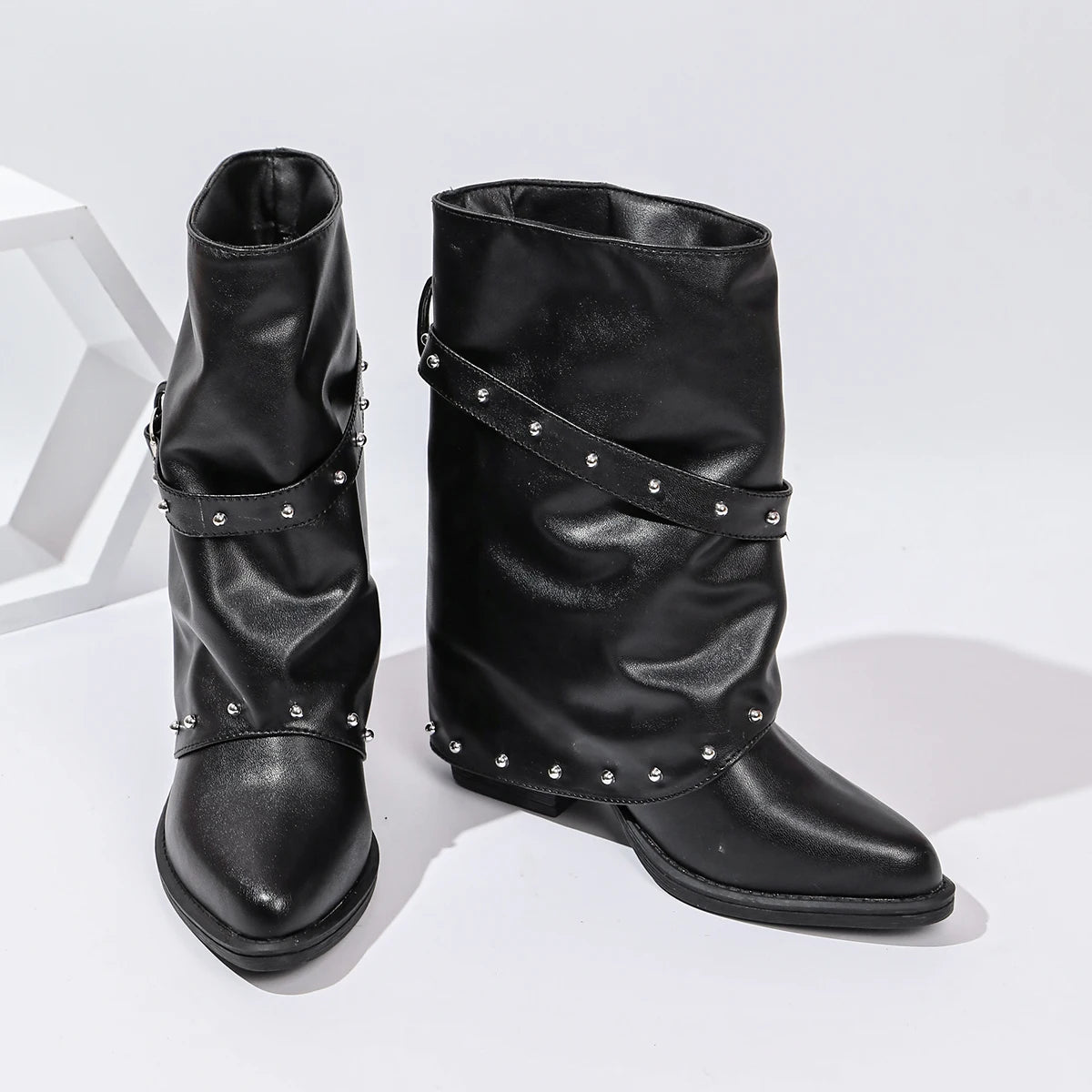 Women's Rivet Buckle Western Cowboy Booties | Slip-On Block Heel Women's Western Boots Axl