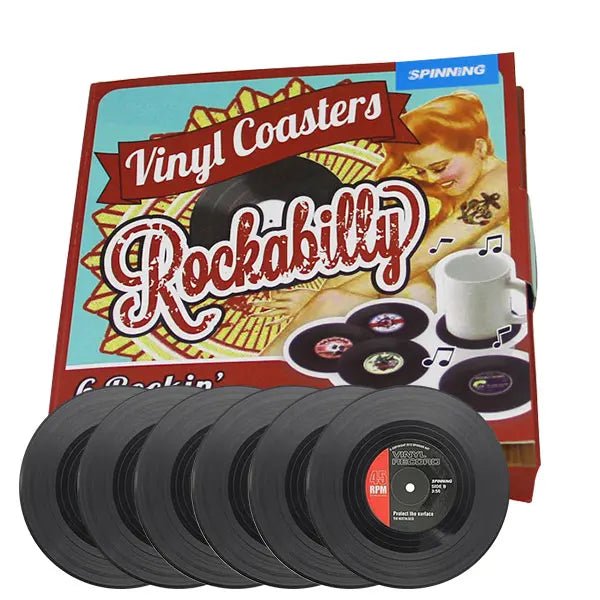 6-Piece Vinyl Record Coasters Set – Retro Non-Slip Drink Coasters Drink Coasters Set Axl 6pcs-Red Box