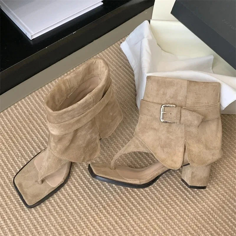 Women's Clip Toe Ankle Boot Sandals | Square Heel Buckle Strap Ankle Boot Sandals Axl
