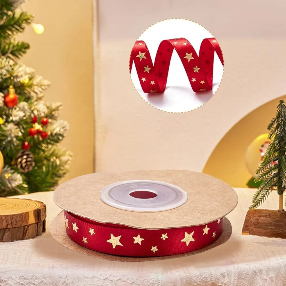 Red Gold Star Polyester Ribbon 3/8" – 30 Yards (3 Rolls) Craft Ribbon Axl