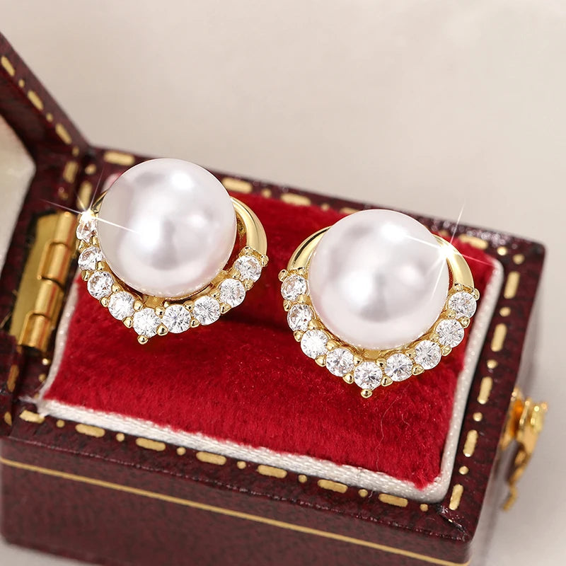 Huitan Heart Pearl Stud Earrings – Women's Trendy Fashion Jewelry Pearl Stud Earrings Axl