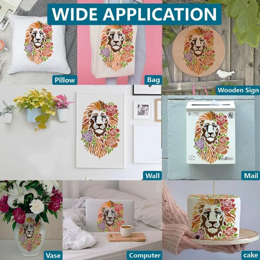 A4 Lion Flower Stencil – Reusable PET Art Template & Paint Brush Art Craft Stencil Axl