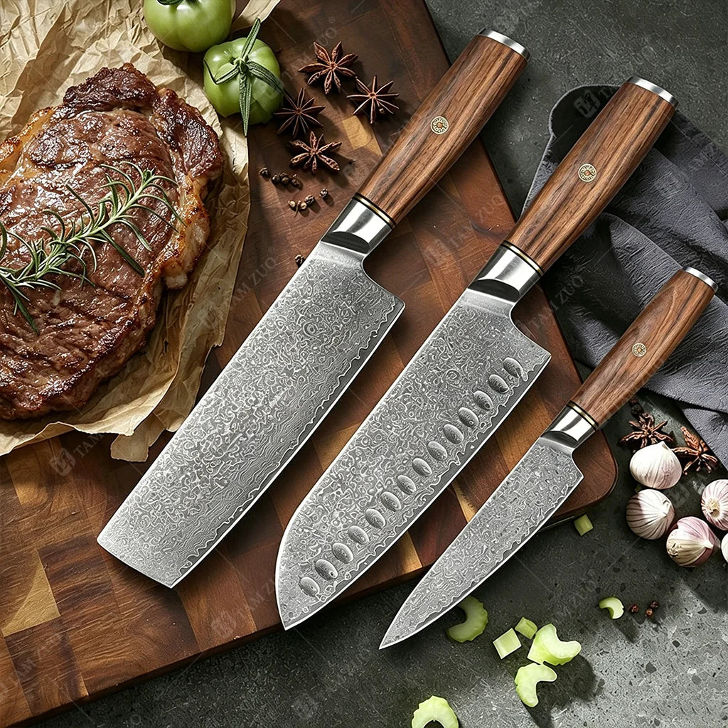 TAMZUO 67-Layer Damascus Steel Santoku Chef Knife Set Damascus Chef Knife Axl