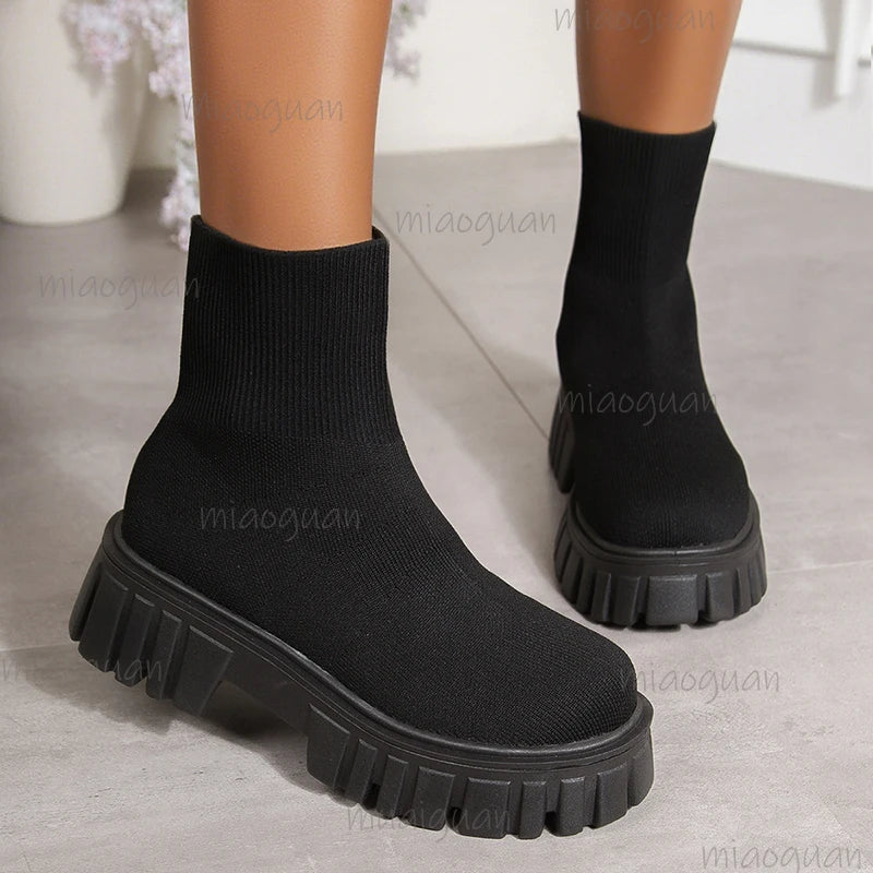 Women's Platform Slip-On Knit Ankle Boots – Thick Sole Platform Ankle Boots Axl