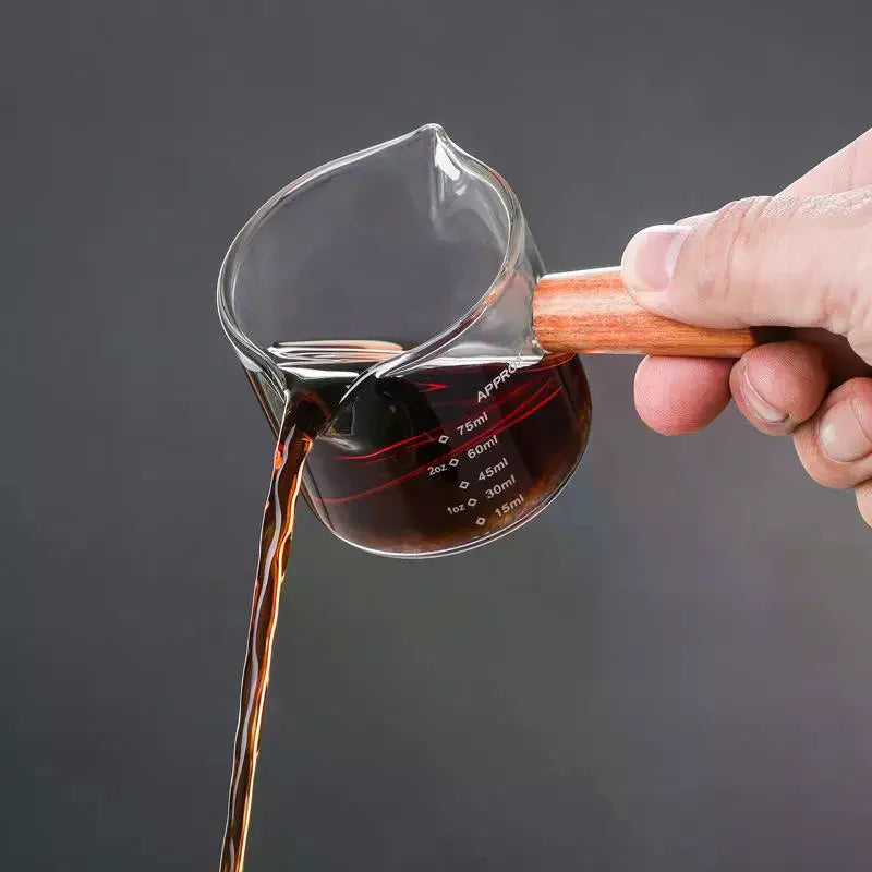Glass Espresso Measuring Cup with Wood Handle | ml & oz Espresso Measuring Cup Axl