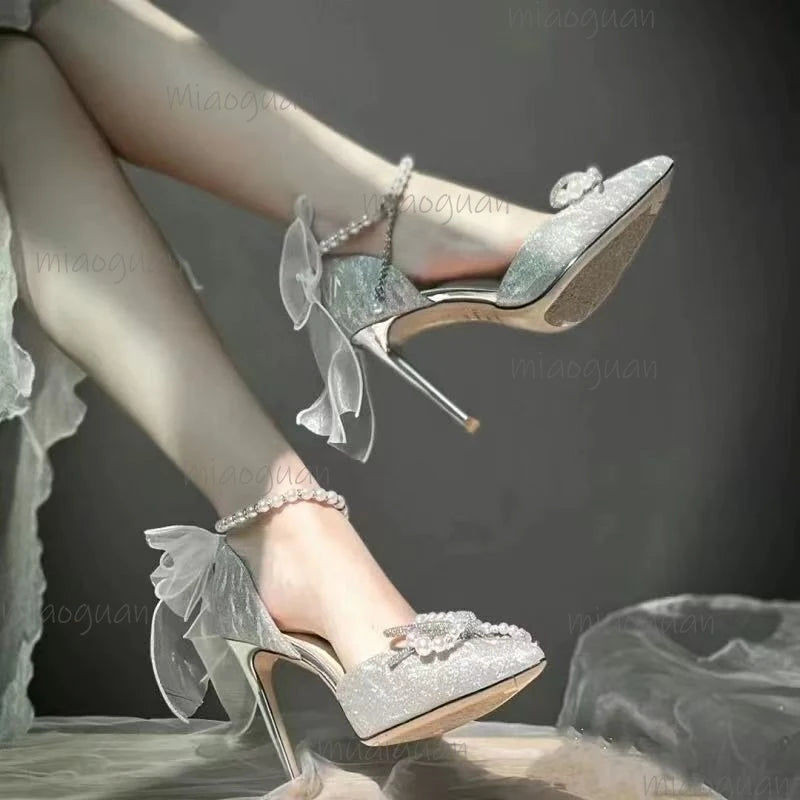 Bridal Wedding Heels – Crystal Bowknot Pearl Sandal Pumps Bridal Heeled Sandals Axl