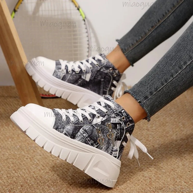 Women's Canvas Denim High-Top Sneakers – Thick Platform Sole Canvas High-Top Sneakers Axl