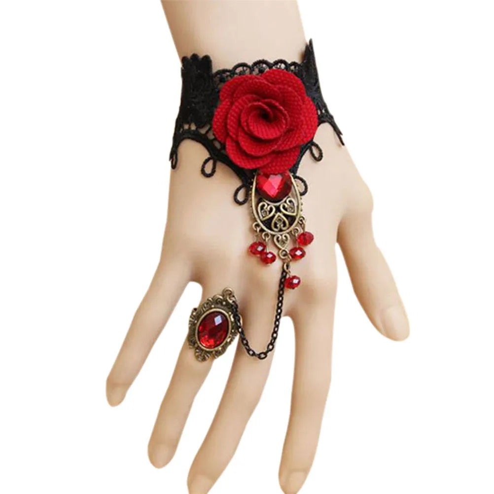 Gothic Lace Red Rose Bracelet with Adjustable Finger Ring Charm Bracelet Axl