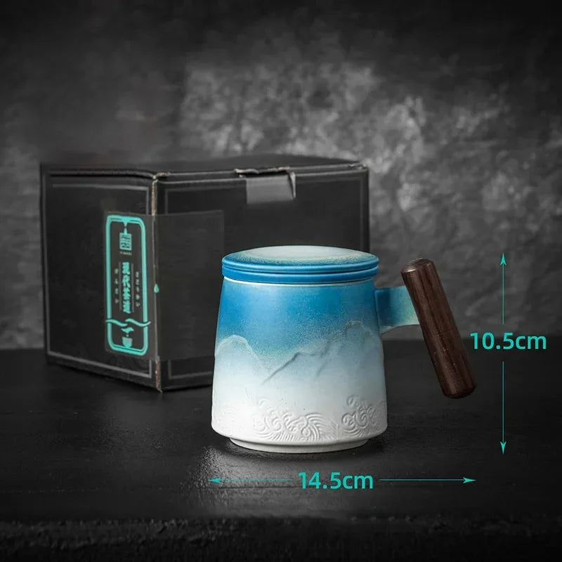 Retro Ceramic Coffee Mug with Lid & Wooden Handle | Gift Box Ceramic Coffee Mug Axl 9 301-400ml