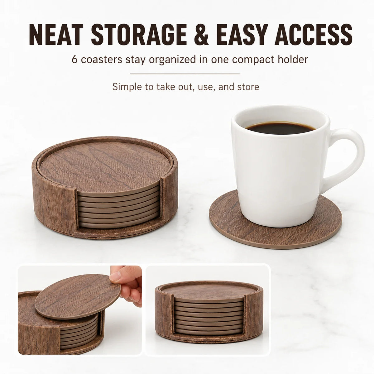 Leather Coasters Set of 6 – Wood Grain Drink Coasters with Holder Drink Coaster Set Axl
