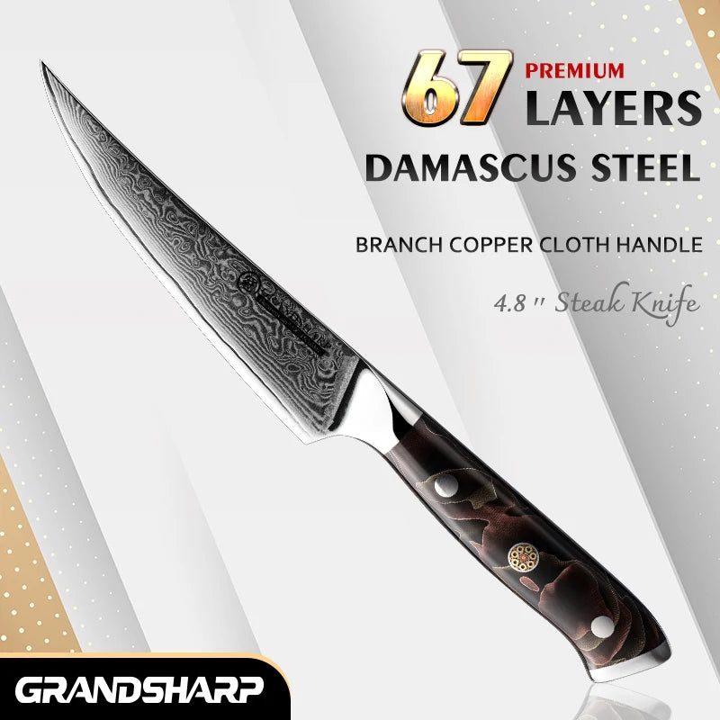 Grandsharp 5" Damascus Steel Steak Knife – 67-Layer Blade Damascus Kitchen Knife Axl