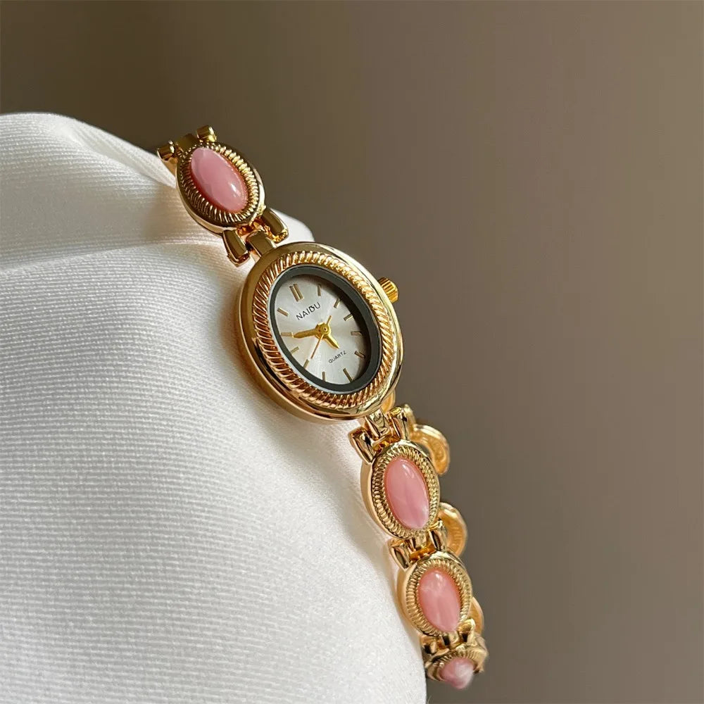 Luxury Oval Bracelet Watch – Vintage Gemstone Quartz Women Bracelet Watch Axl Pink