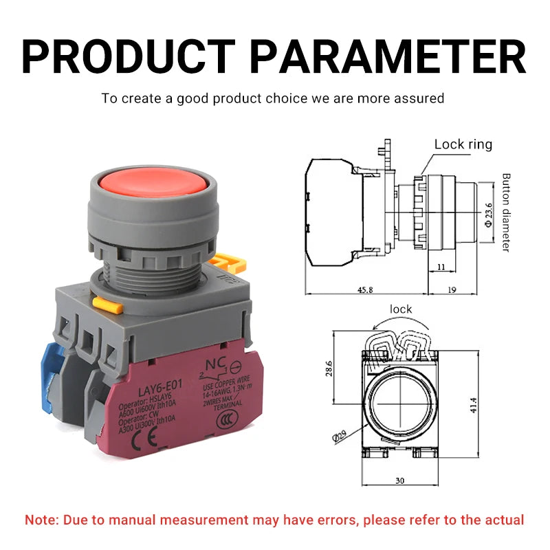 LAY6 22mm Push Button Switch – Momentary Self-Locking 1NO1NC Push Button Switch Axl