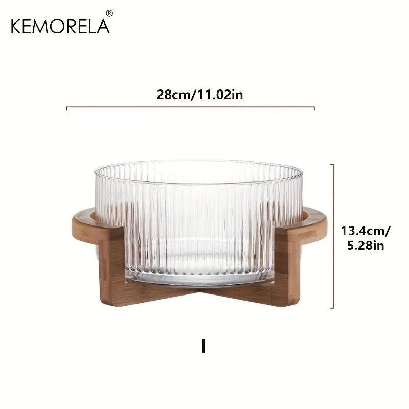 KEMORELA Striped Glass Bowl with Wooden Stand | Salad & Fruit Glass Serving Bowl Axl 28cm