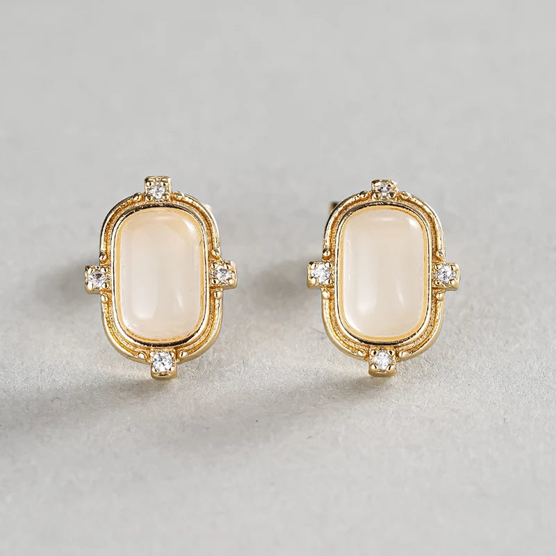 Huitan Opal & CZ Geometric Gold Stud Earrings for Women Stud Earrings Axl E5405