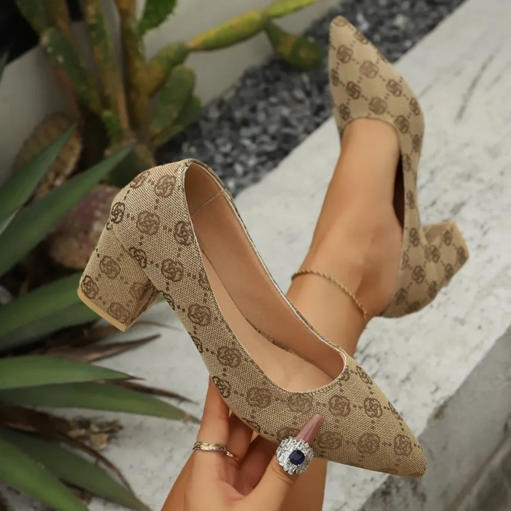 Flower Print Pointed Toe Women's Square Heel Pumps Slip-On Square Heel Pumps Axl