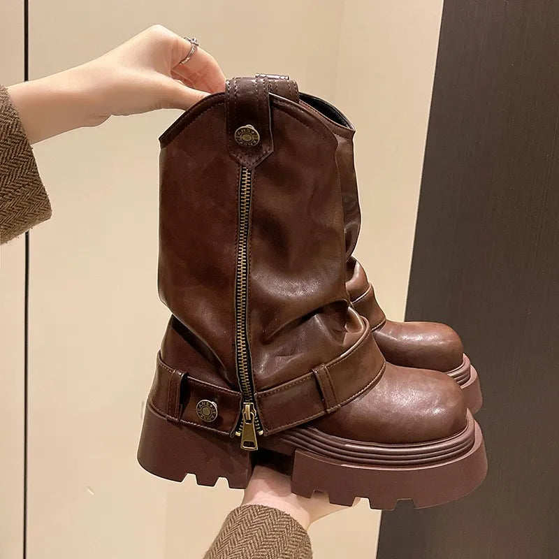 Women's Zip Block Heel Mid-Calf Platform Boots | Round Toe Mid-Calf Boots Axl Brown 40