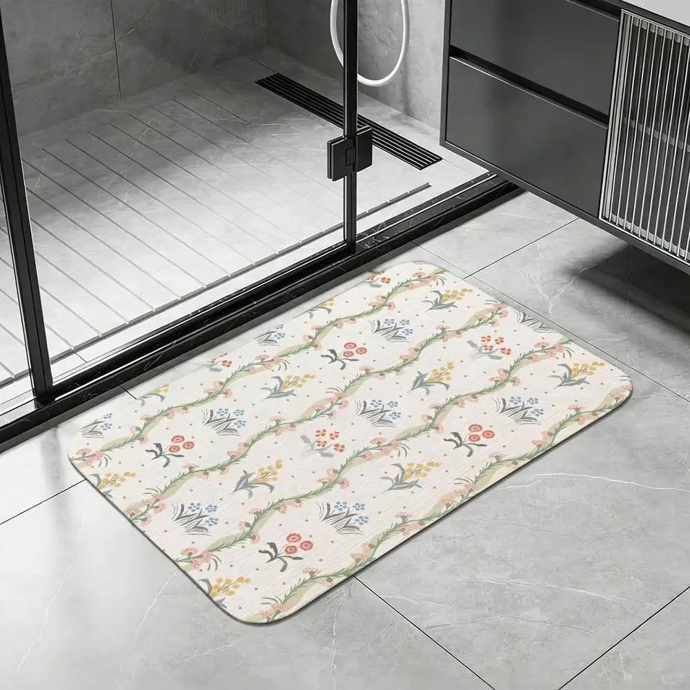 French Country Floral Diatomite Bath Mat – Quick Dry & Non-Slip Diatomite Bath Mat Axl White7 30x45cm
