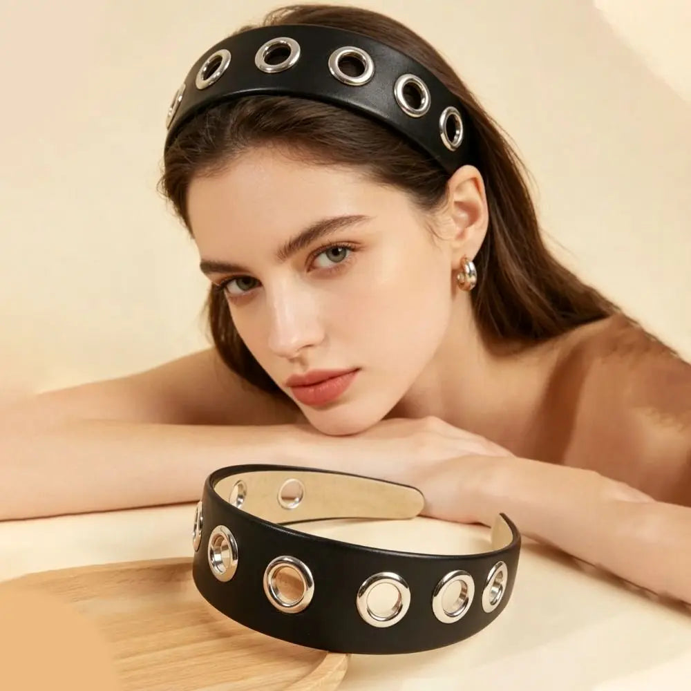 Punk PU Leather Headband | Metal Grommet Steampunk Hair Wrap Punk Hair Headband Axl