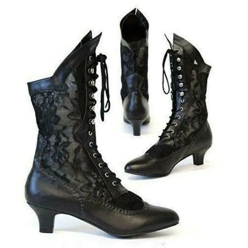 Vintage Victorian Lace-Up Ankle Boots | Pointed Toe Spike Heel Women's Ankle Boots Axl