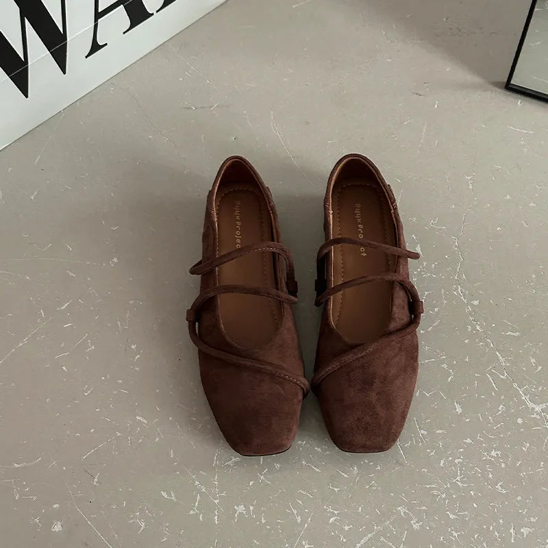 Women's Double Strap Mary Jane Flats – Vintage Suede Square Toe Mary Jane Flats Axl Dark Brown 36