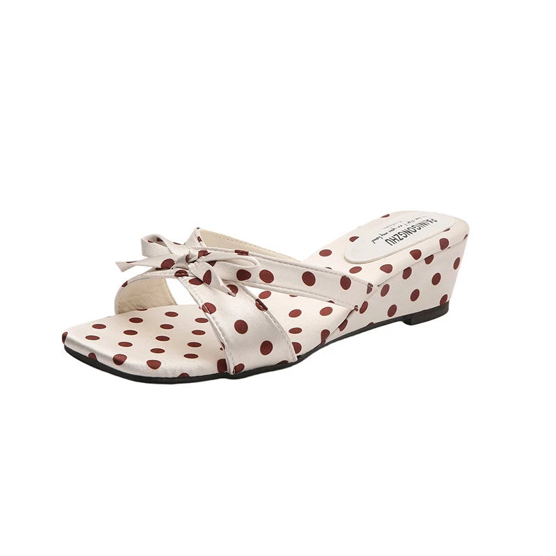 Satin Butterfly-Knot Women's Block Heel Slippers – Polka Dot Heeled Slide Slippers Axl Beige 40