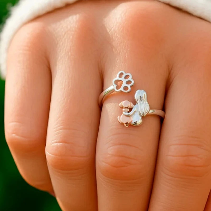 Huitan Women's Hug Dog Opening Ring – Two-Tone Brass Fashion Ring Axl T1021 resizable