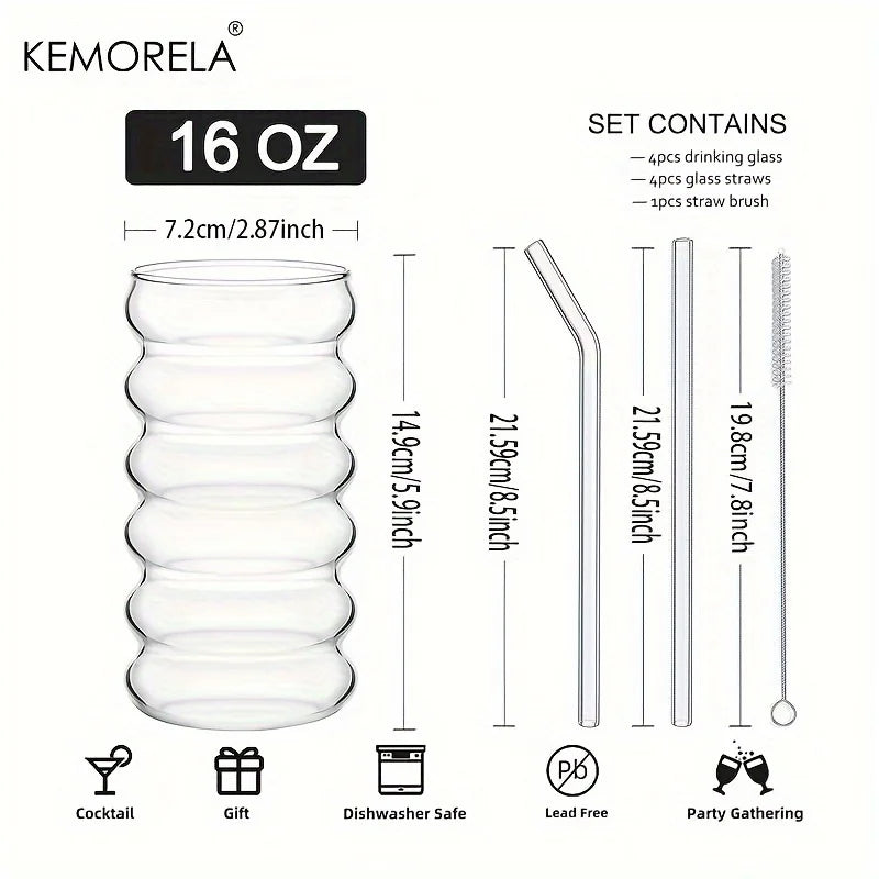 500ml Wave Ripple Drinking Glasses with Straws | Set of 1–4 Drinking Glass Set Axl