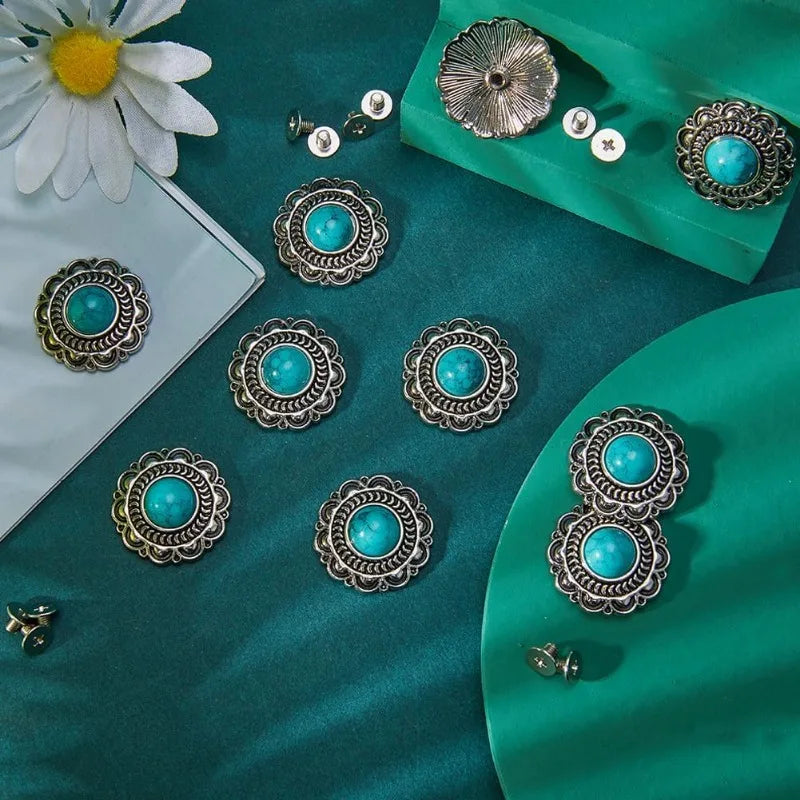 10 Sets Turquoise Screw-Back Snap Buttons | Western Daisy Buckle Decorative Snap Buttons Axl