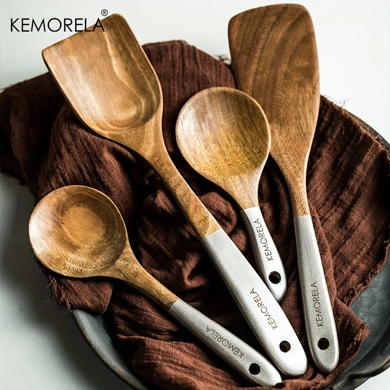 KEMORELA 9-Piece Acacia Wood Cooking Utensils Set with Holder Wooden Utensil Set Axl