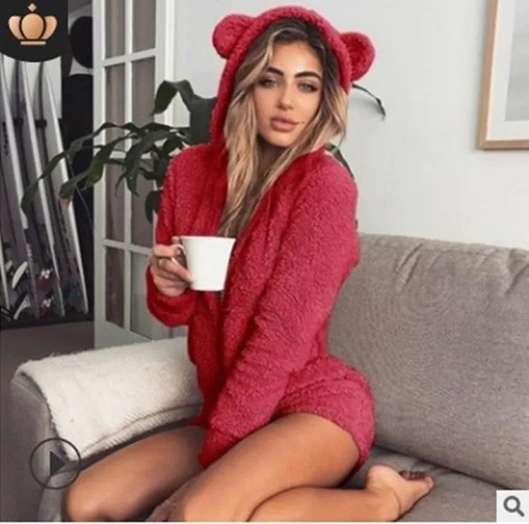 Women's Velvet Bear Ear Hoodie Pajamas – Long Sleeve Winter Set Hoodie Pajama Set Axl red 5XL