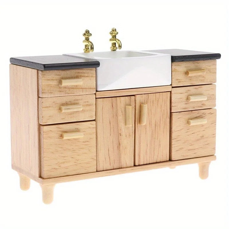 1/12 Dollhouse Wooden Wash Basin Cabinet & Ceramic Sink Dollhouse Miniature Axl