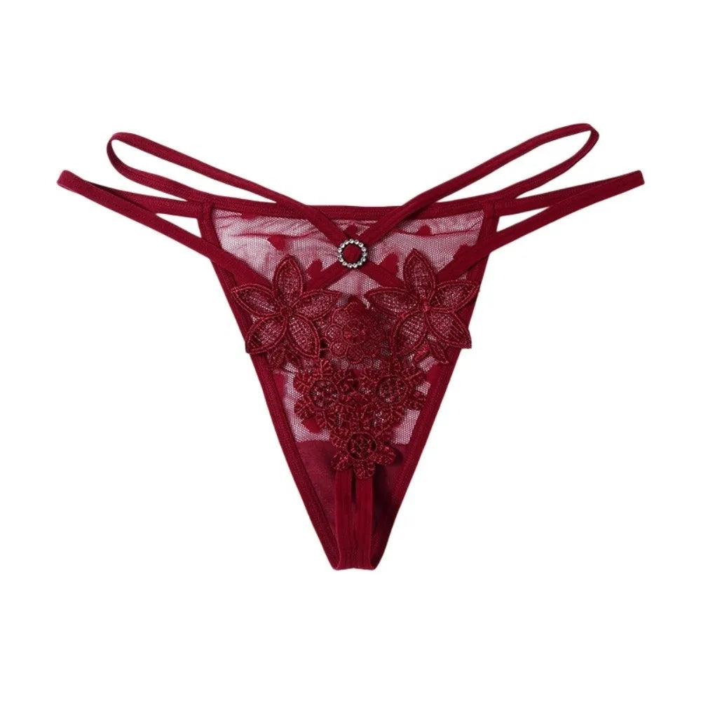 Women's Low Rise Floral Embroidery Thong – Lace Bikini Brief Thong Panties Axl