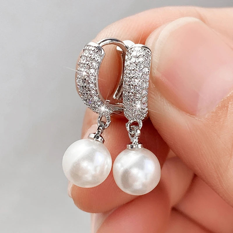 Huitan Bridal Pearl CZ Drop Earrings – Iced Out Silver Drop Earrings Axl