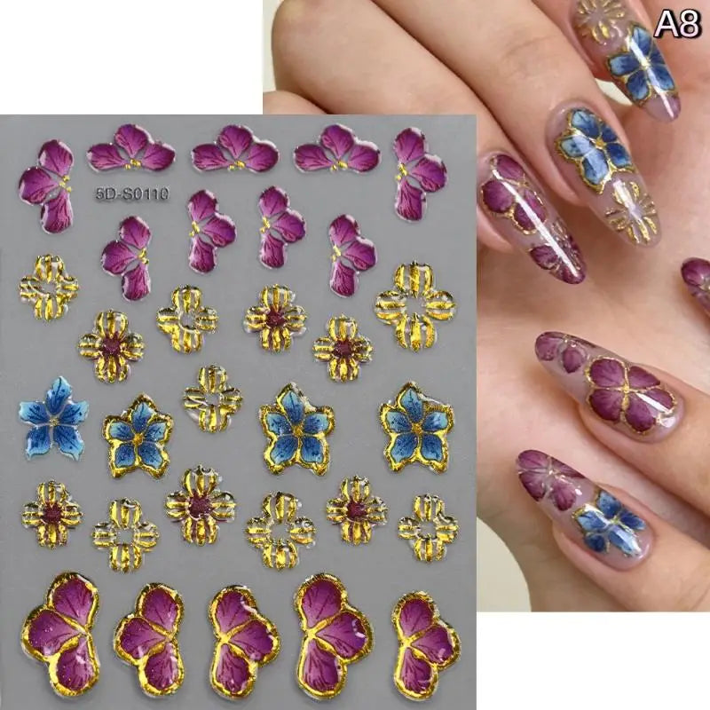 5D Floral Nail Stickers – Bronzing Blossom Petal Appliques DIY Nail Art Stickers Axl A8