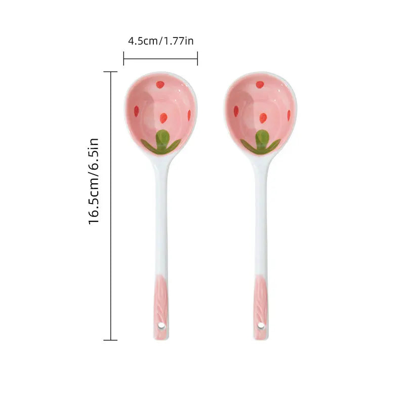 KEMORELA Strawberry Ceramic Long Handle Spoon – Korean Design Ceramic Spoon Axl 2PCS