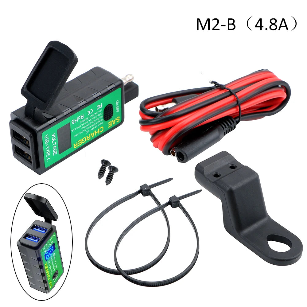 Motorcycle SAE to USB & Type-C Fast Charger with Voltmeter Motorcycle USB Charger Axl M2 B