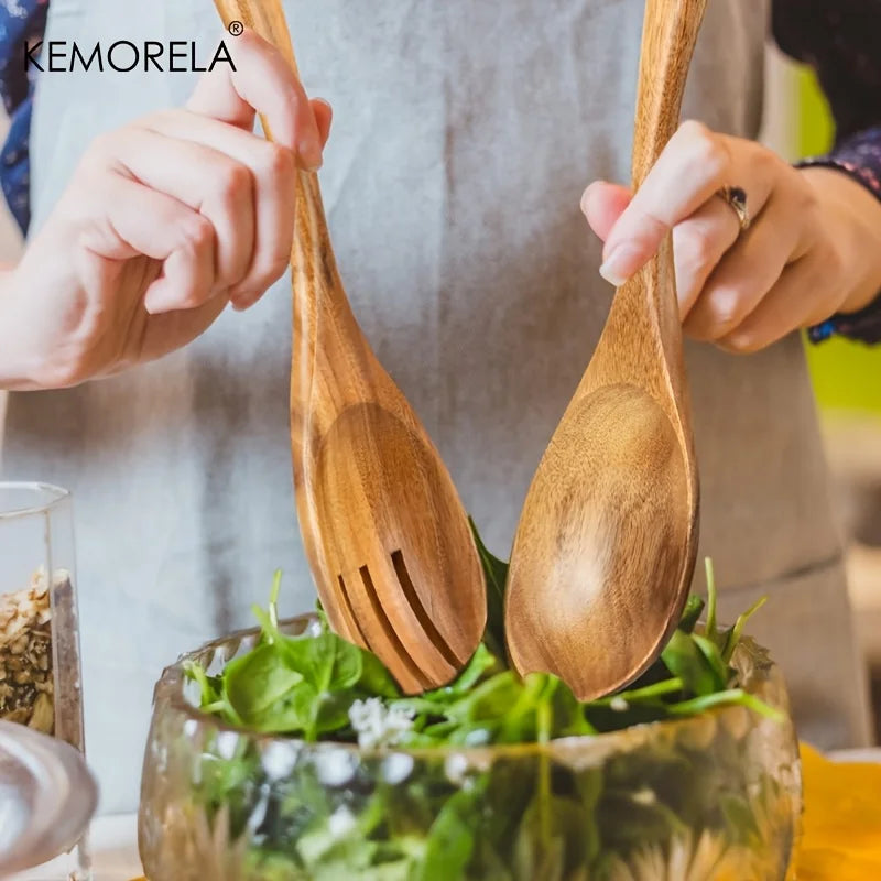 KEMORELA Acacia Wood Salad Servers – Long Handle Spoon & Fork Wood Salad Servers Axl