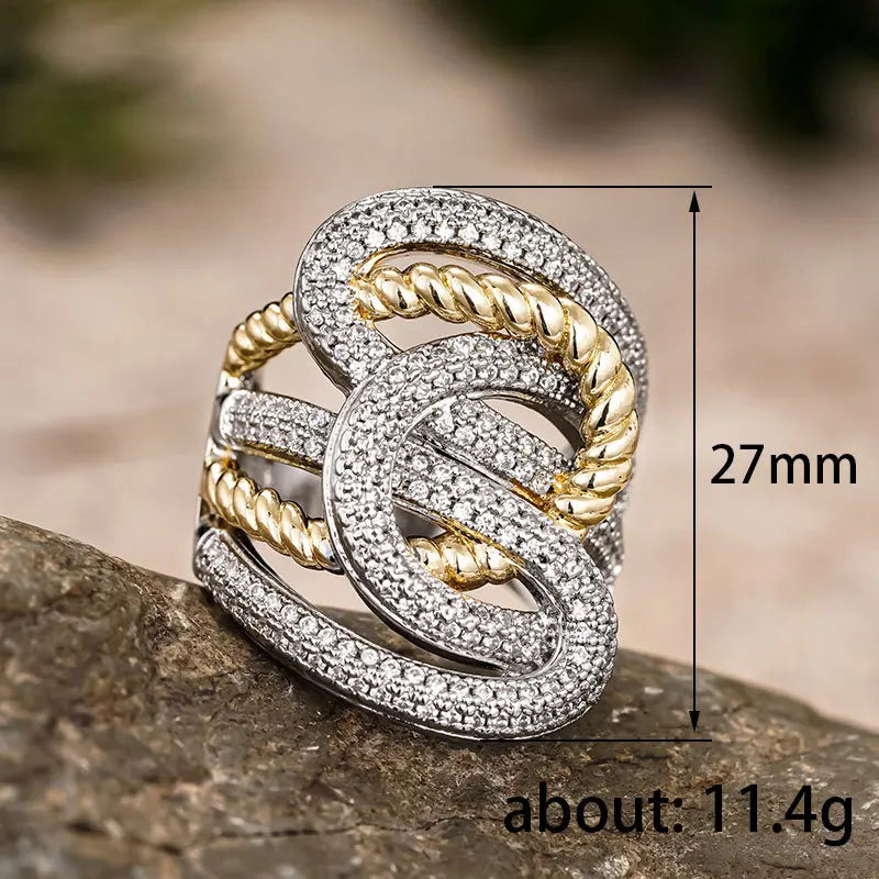 Huitan Two-Tone CZ Cross Ring Women | Wide Geometric Band Fashion Ring Axl