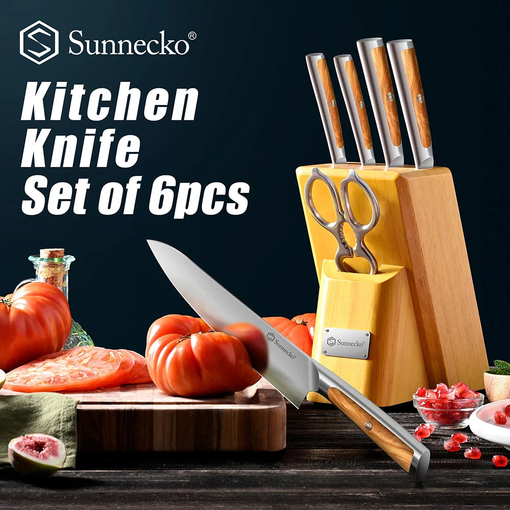 Sunnecko 6-Piece Kitchen Knife Block Set – Olive Wood Handle Kitchen Knife Set Axl