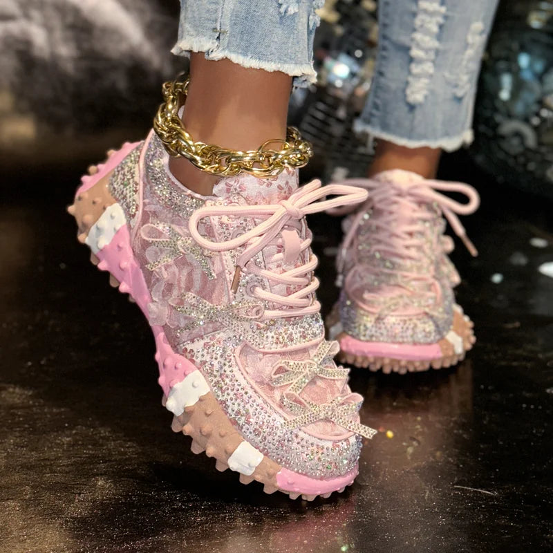 Women's Rhinestone Platform Sneakers – Mesh Bling Casual Shoes Platform Sneakers Axl