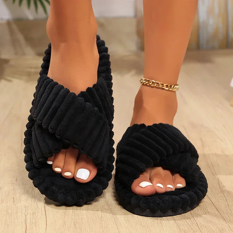 Women's Corduroy Cross Band Plush Slippers – Warm Indoor Women's Slippers Axl black 36-37
