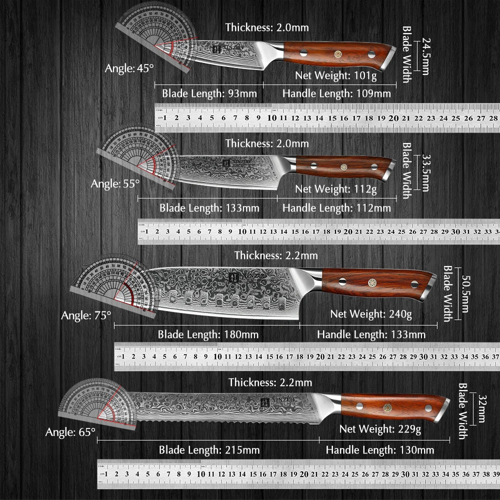 XINZUO 7-Pc VG10 Damascus Steel Knife Set | Rosewood Handle Damascus Knife Set Axl
