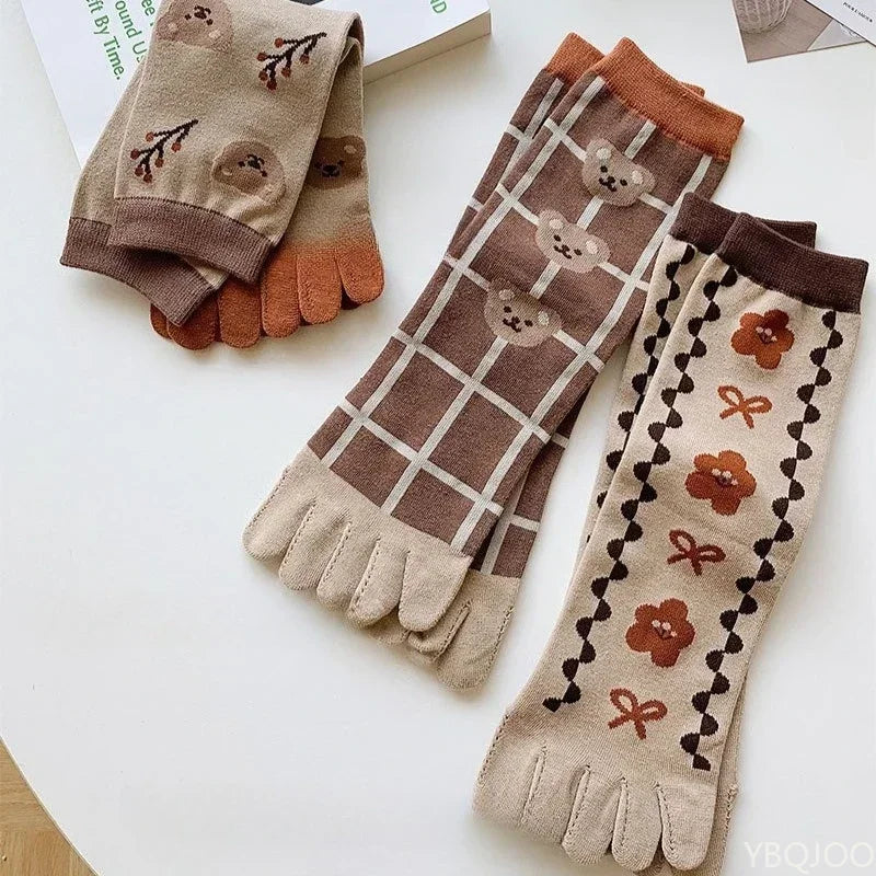 Women's Five Toe Mid Tube Cotton Socks – 3 Pairs, All Season Women's Toe Socks Axl