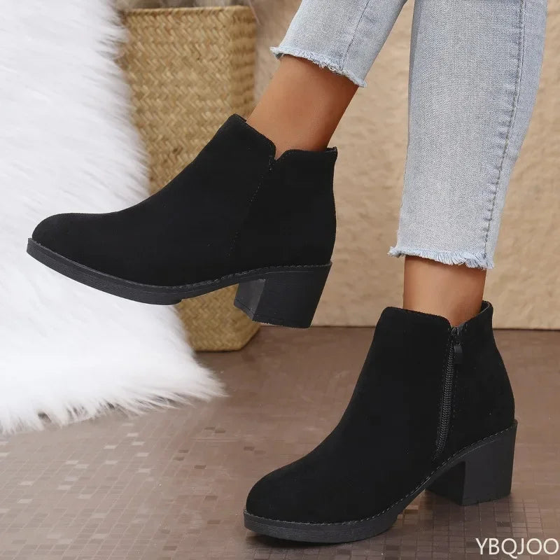 YBQJOO Women's Retro Suede Ankle Boots | Square Heel Zip Women's Ankle Boots Axl