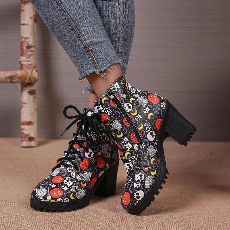 UXST Women's Halloween Printed Platform Ankle Boots | Square Heel Platform Ankle Boots Axl