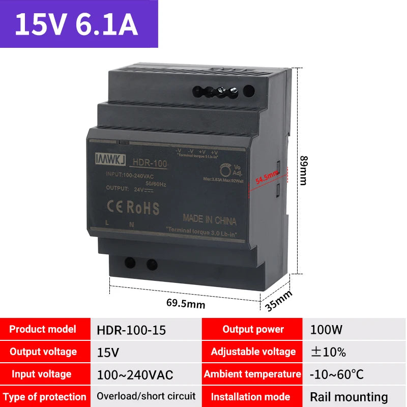 DIN Rail Switching Power Supply AC–DC 5V–48V | HDR-30/60/100 DIN Rail Power Supply Axl HDR-100-15