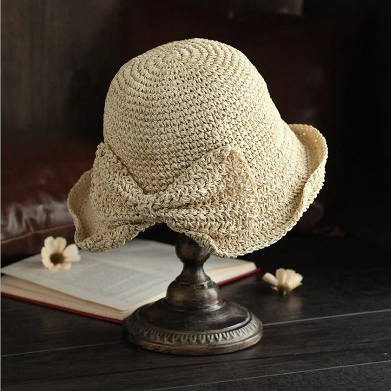 Women's Wide Brim Foldable Straw Beach Sun Hat with Bowknot Straw Sun Hat Axl 5